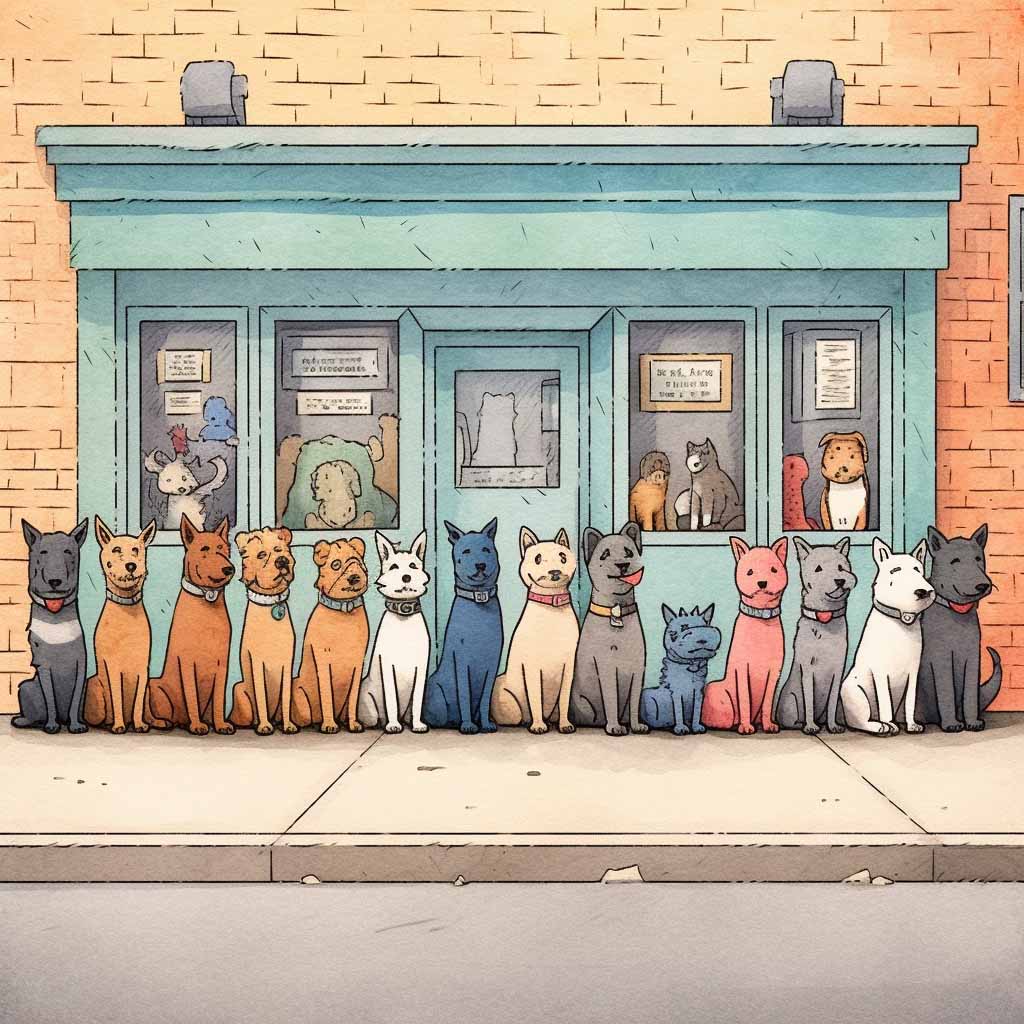 Dogs and Cats lined up in a single file line outside